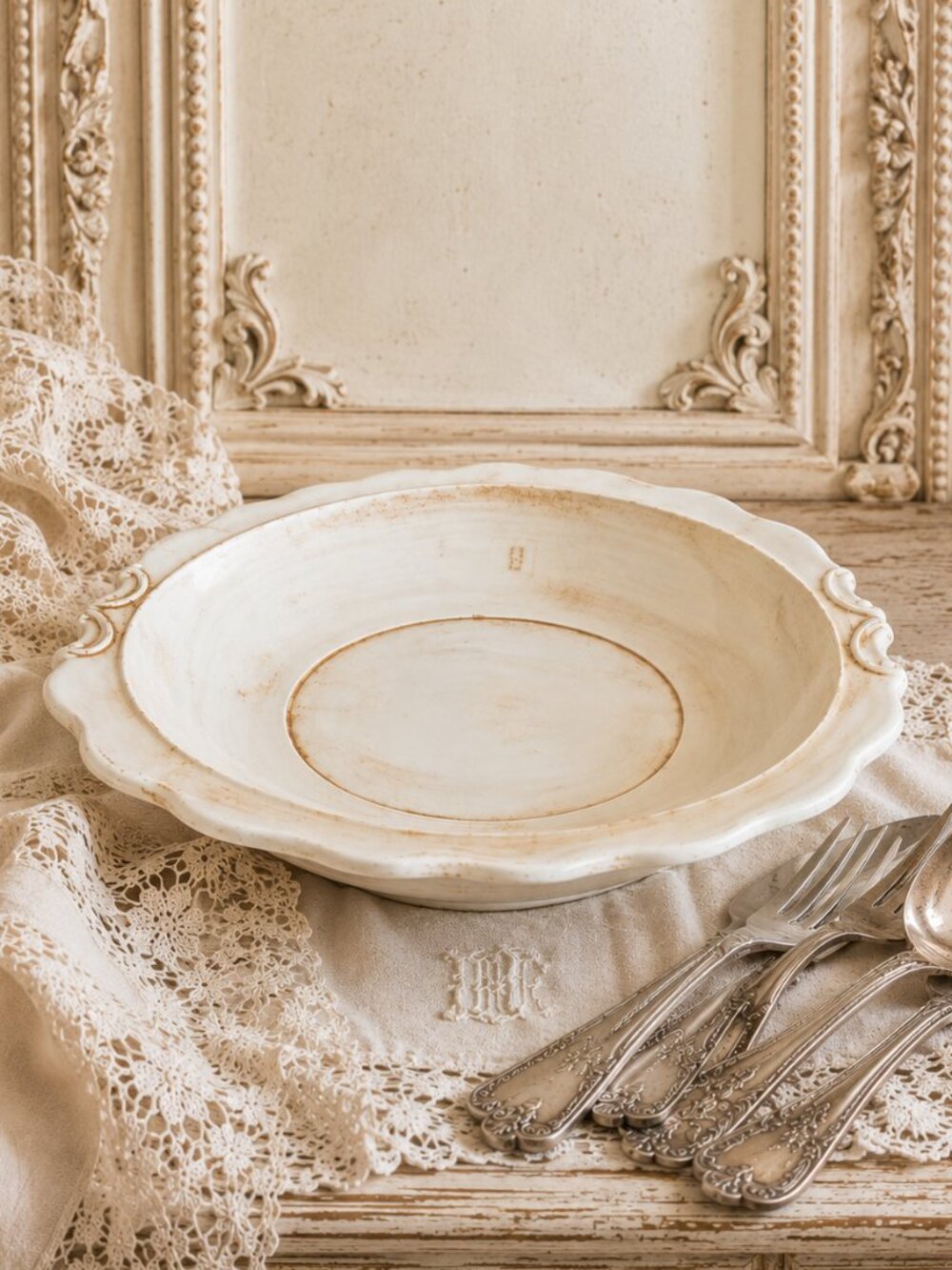 Vintage Signed Duncan English Creamware Serving Plate With Embossed Borders